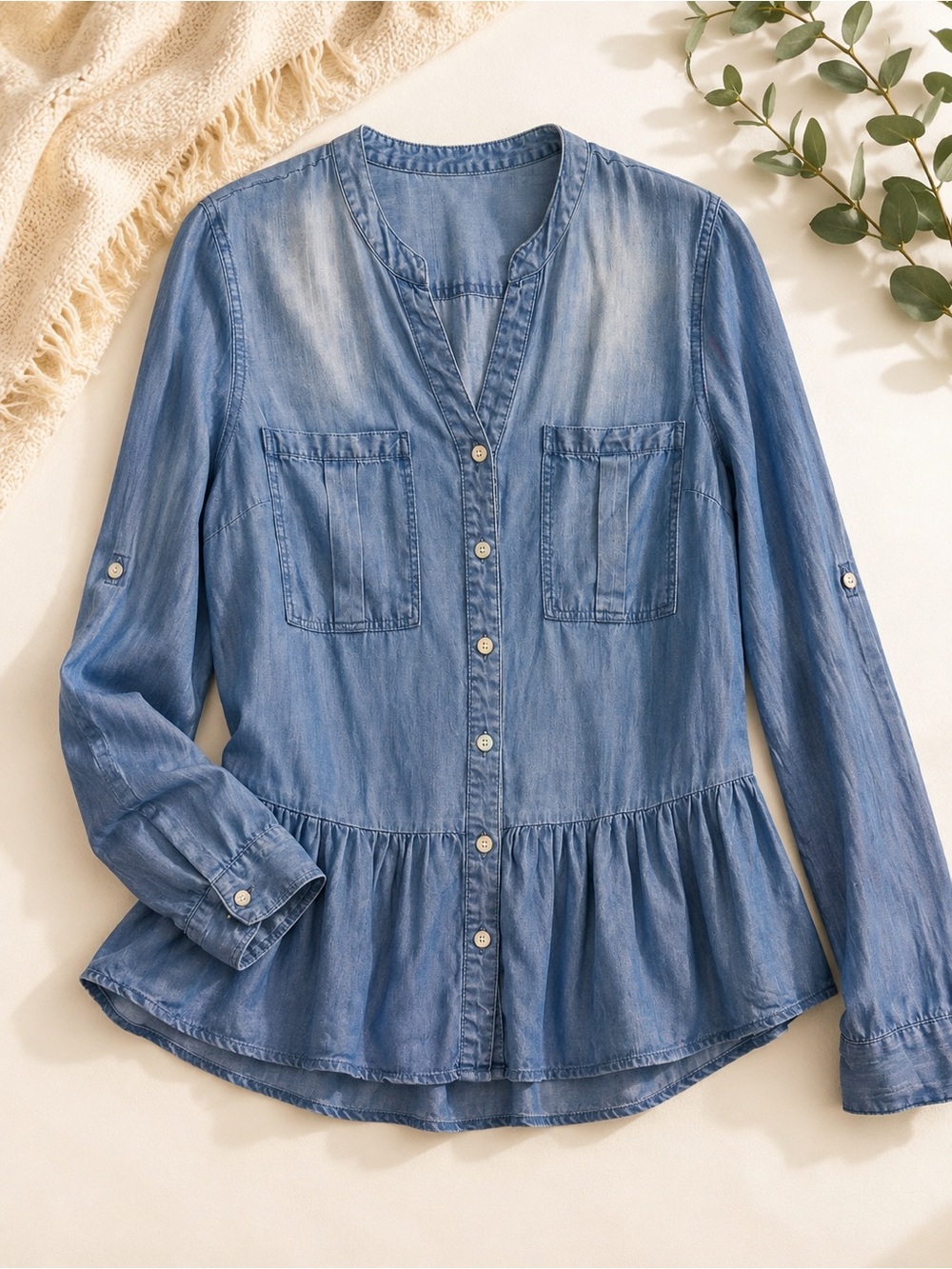 Given Kale Chambray Peplum Blouse Blue Lyocell Button Front Size S